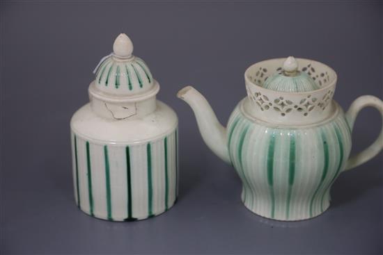 Two Wedgwood Queensware green banded cache pots and stands, a Leeds creamware teapot and cover and similar tea caddy and cover, all lat